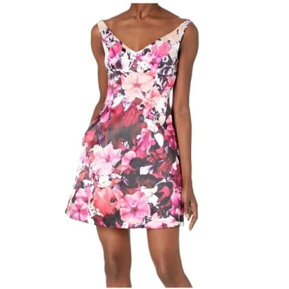Adrianna Papell Mini Dress 12 NWT Mikado Cocktail Pink Floral Party Vacation - Picture 8 of 16